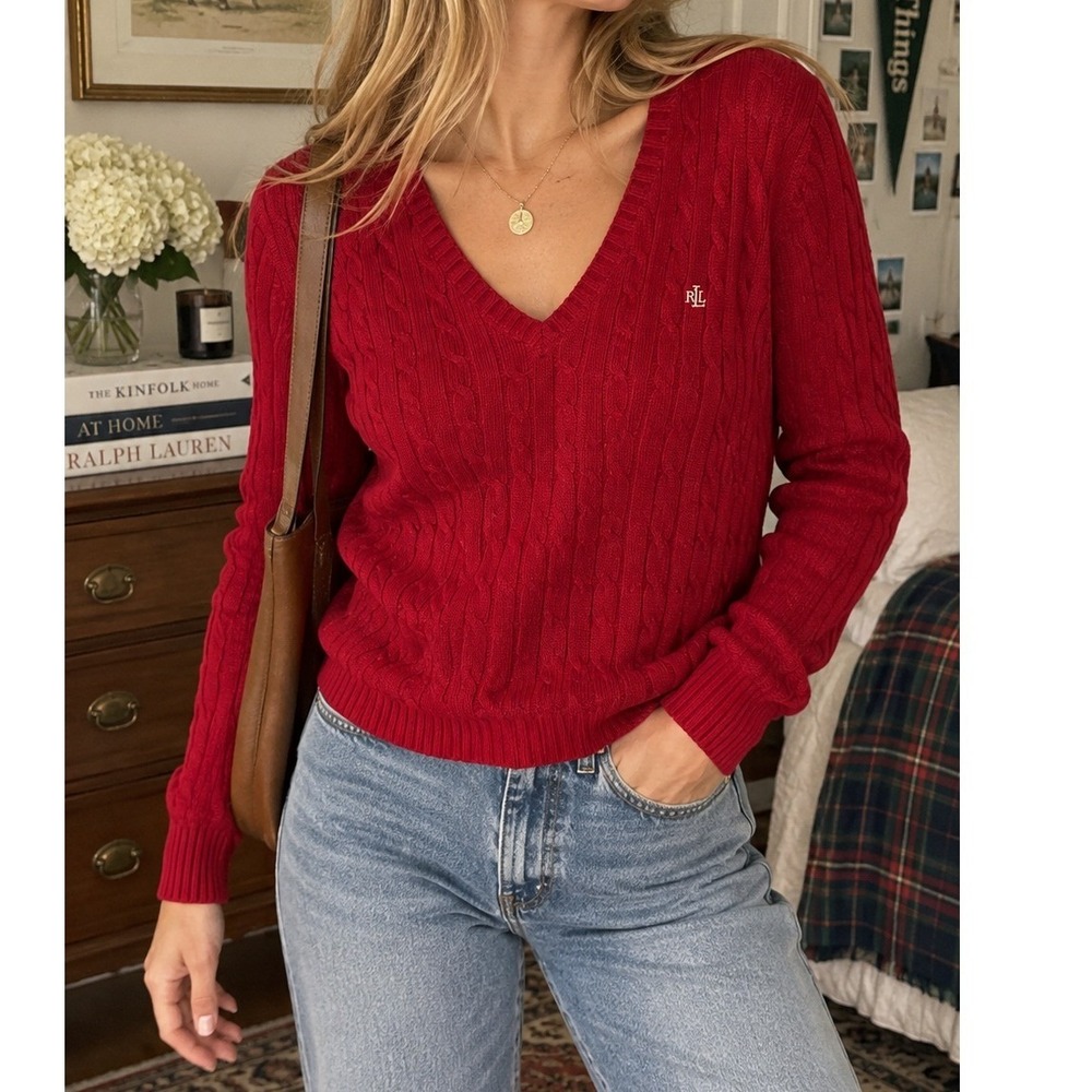 Lauren Ralph Lauren NWT Red Cable Knit V-Neck Cotton Sweater RL Logo- Large